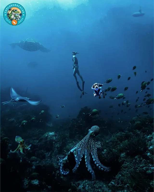 Beginner scuba diver exploring Mahahual coral reef with instructor